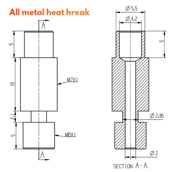 Heatbreak E3D V6 - Průměr filamentu: 2,85/3,0 mm, Typ heatbreaku: jádro PTFE 4,1 mm (neprůchozí)
