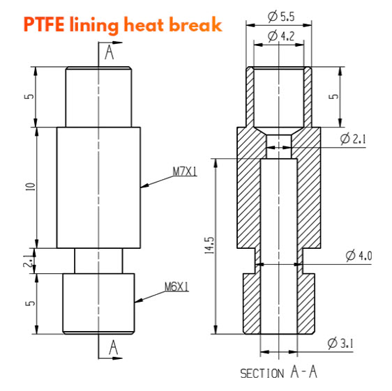 Heatbreak E3D V6 - Průměr filamentu: 2,85/3,0 mm, Typ heatbreaku: jádro PTFE 4,1 mm (neprůchozí)
