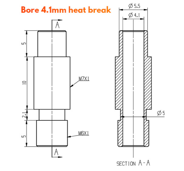 Heatbreak E3D V6 - Průměr filamentu: 2,85/3,0 mm, Typ heatbreaku: jádro PTFE 4,1 mm (neprůchozí)