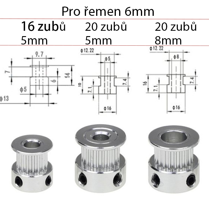 Řemenice GT2 - Počet zubov: 20, Priemer hriadeľa: 6,35 mm, Šírka remeňa: 9/10 mm